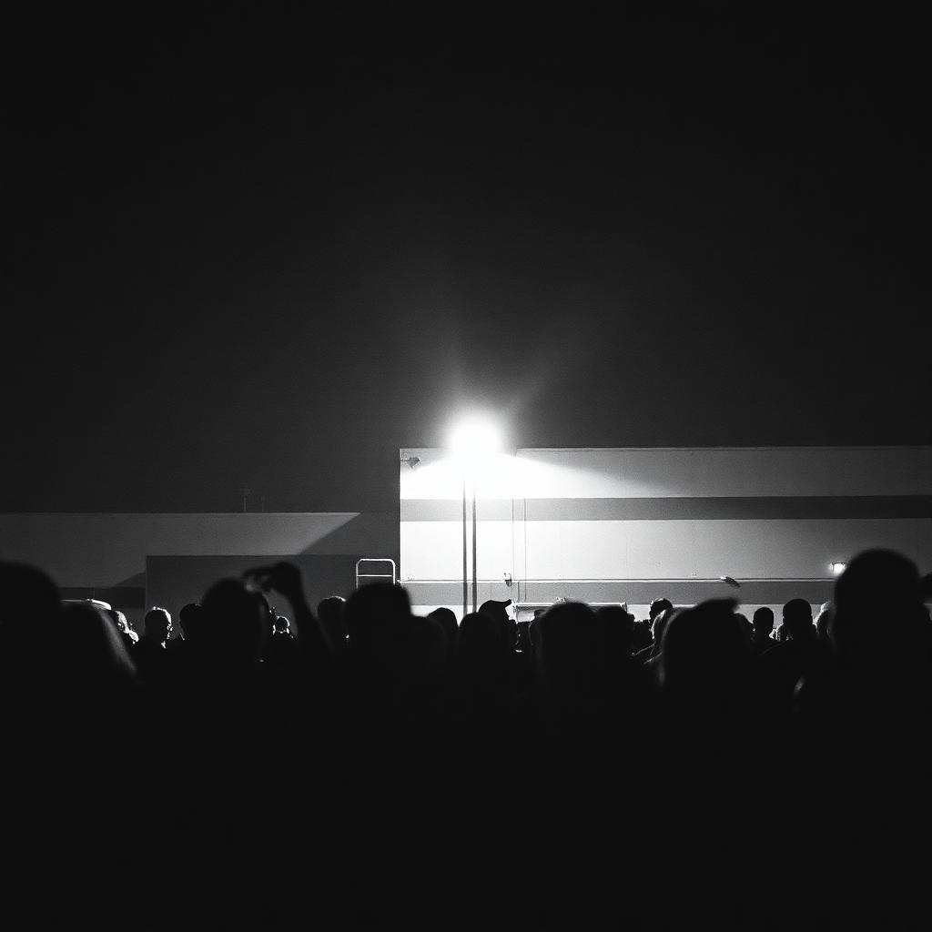 Crowd silhouetted in a dark lot under a single floodlight